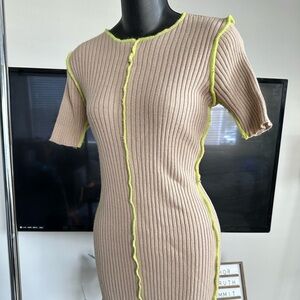 Boohoo Ribbed Beige Dress with Neon Highlights